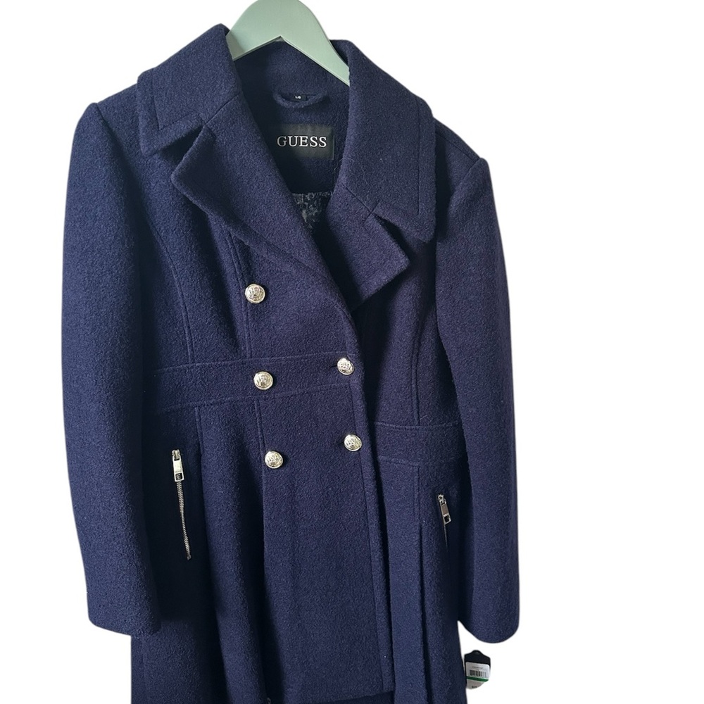 Guess Women's Double-Breasted Navy Coat with cuff zipper details Sz L NEW